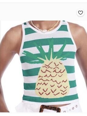 Staud Pineapple Grean & White Stripe Sleeveless Sweater Top Size Small